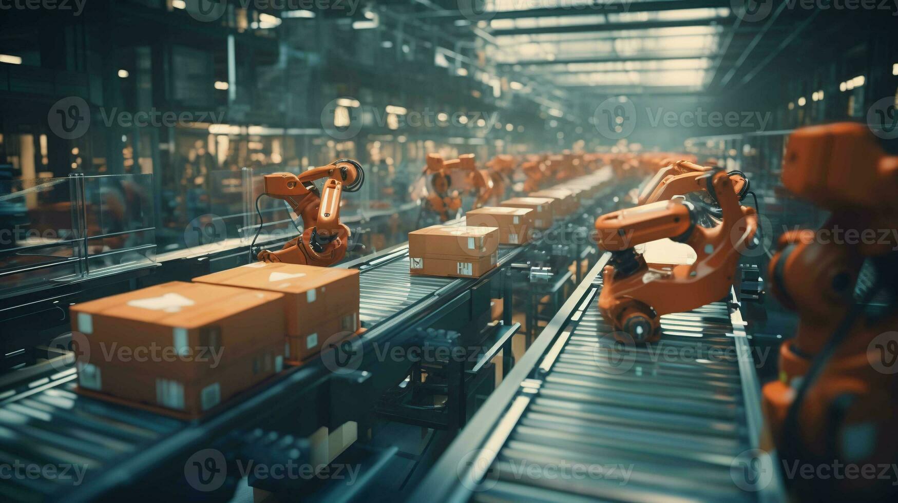 AI Enhanced Warehouse Efficiency. Modern tech at work on the conveyor belt photo