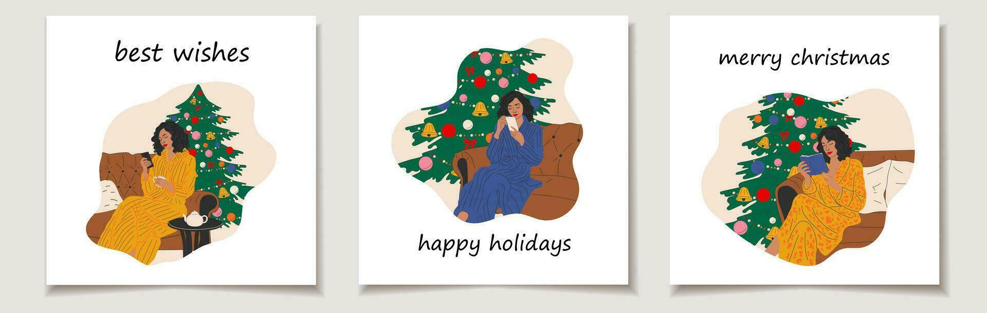Christmas vector gift card or tag set christmas girls are sitting on the sofa near the Christmas tree. Merry christmas lettering, best wishes.
