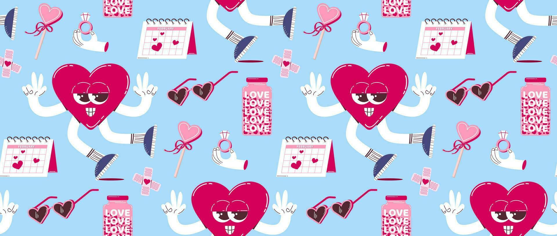 Pattern with cute heart character and other elements in retro cartoon style. Vector background for Valentine's Day.