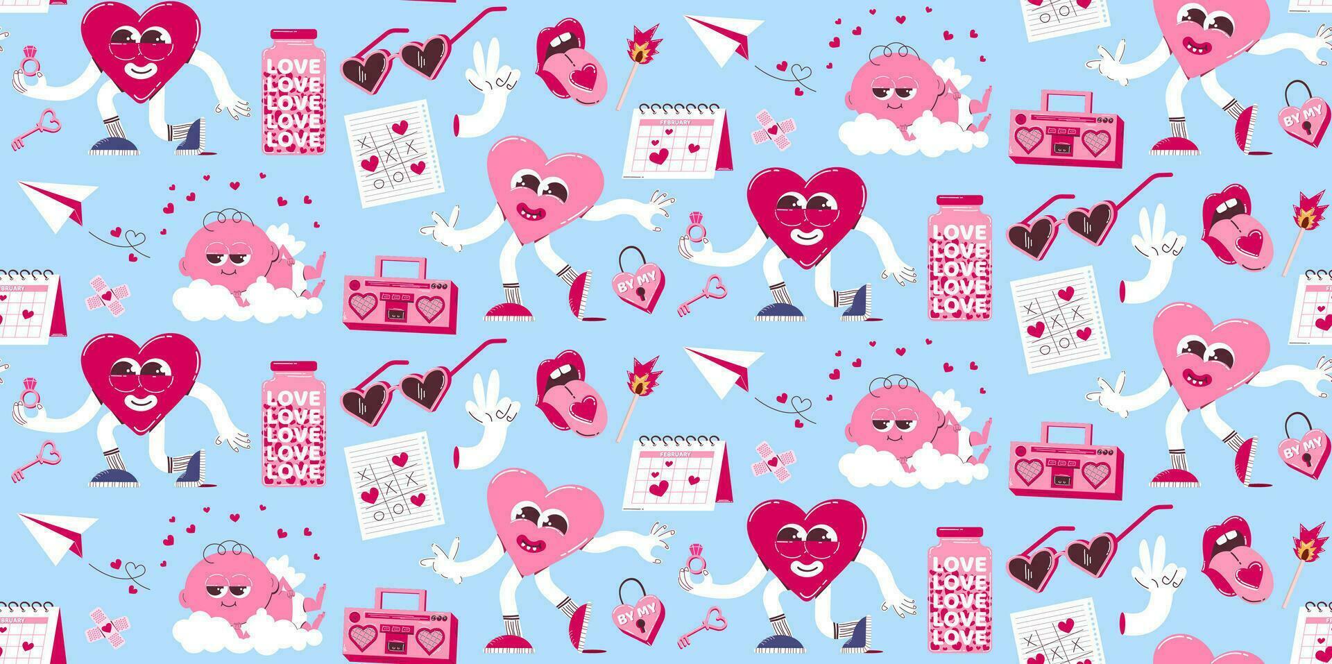 Seamless background for Valentine's Day. Vector pattern in retro style of the 70s, 80s. Cute cupid and heart characters.