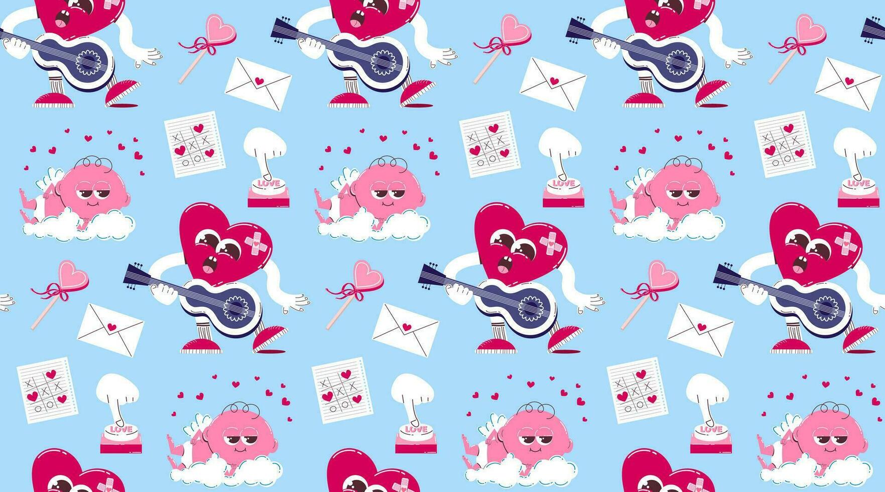 Pattern with a cute heart character with a guitar, cupid on a cloud and other elements in a retro cartoon style. Vector background for Valentine's Day.