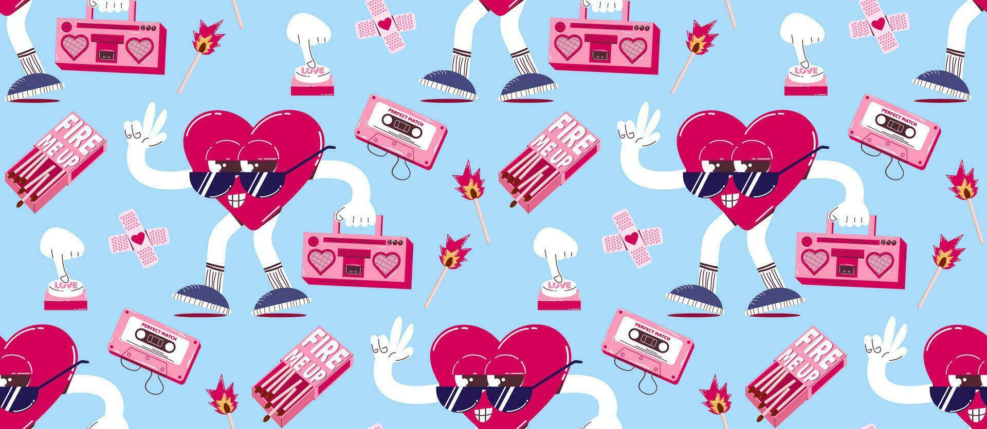 Pattern with cute heart character and old tape recorder, pink matches, love button and other elements in retro cartoon style. Vector background for Valentine's Day.