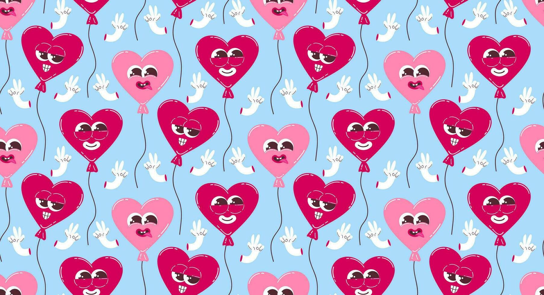 Pattern with cute heart characters in the form of balloons in retro cartoon style. Vector background for Valentine's Day.