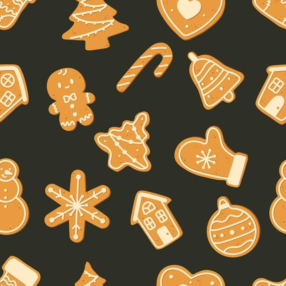 Background with Christmas gingerbread cookies. Winter holiday food. Seamless christmas pattern. Perfect for wrapping paper, greeting cards, textile. Gingerbread man, house, christmas tree, snowflake. vector