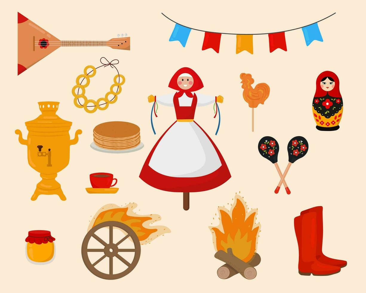 Vector set of symbols for Maslenitsa. Vector illustration in cartoon style.