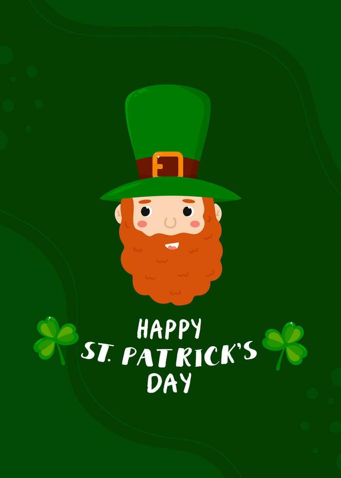 Vector greeting card with cute cartoon Leprechaun. Printable greeting card illustration. Design for St. Patrick's Day.