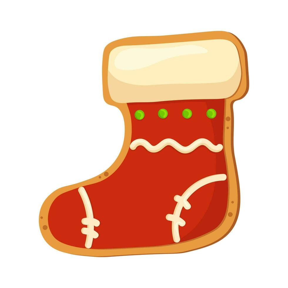 Christmas sock isolated on white background. Christmas gingerbread cookie. Winter holiday food. Happy new year. Merry Christmas holiday. Vector illustration.