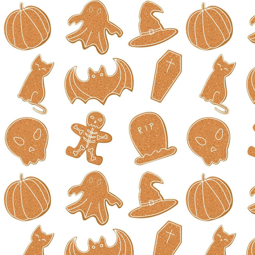 Pattern of  halloween cookies with icing or glazing.October vibes and colors. Vector flat cartoon illustration