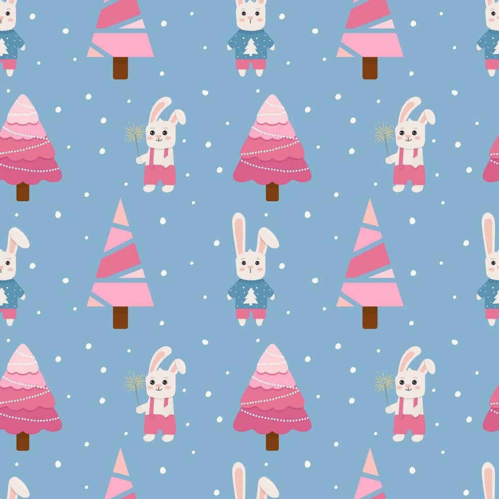 Winter seamless pattern with bunny, tree and snowflakes. Perfect for wrapping paper, greeting cards and seasonal design. vector