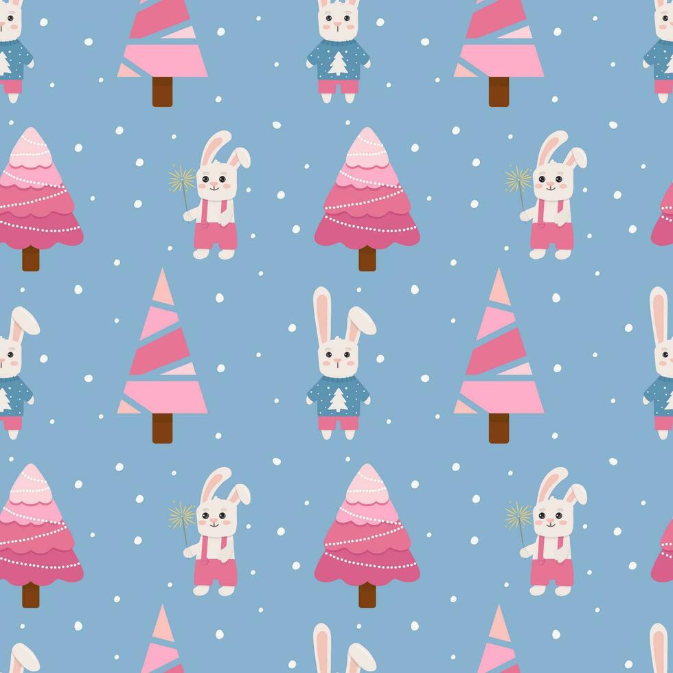 Winter seamless pattern with bunny, tree and snowflakes. Perfect for wrapping paper, greeting cards and seasonal design. vector