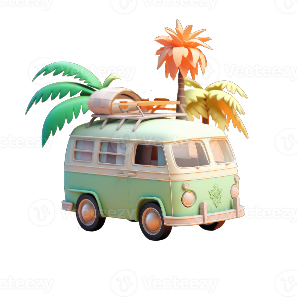 Minibus van with blue sky, sands, beach and palm trees, 3D Icon png