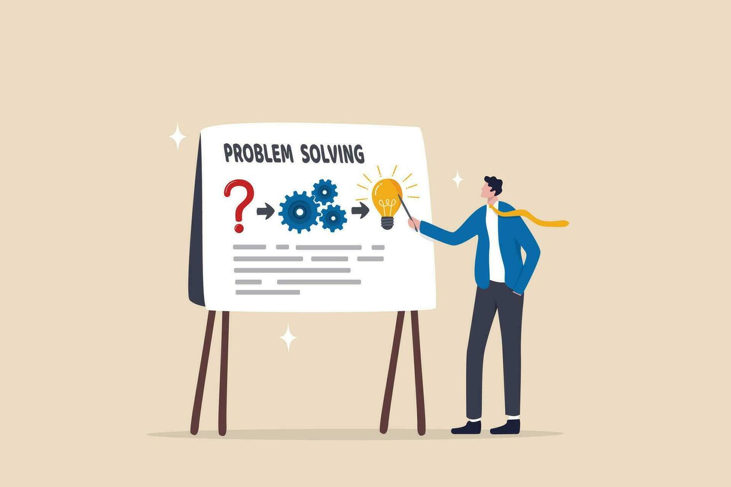 Problem solving skill, idea to solve difficulty challenge, process or procedure to fix problem, information to achieve goal concept, businessman present problem solving procedure on whiteboard. vector