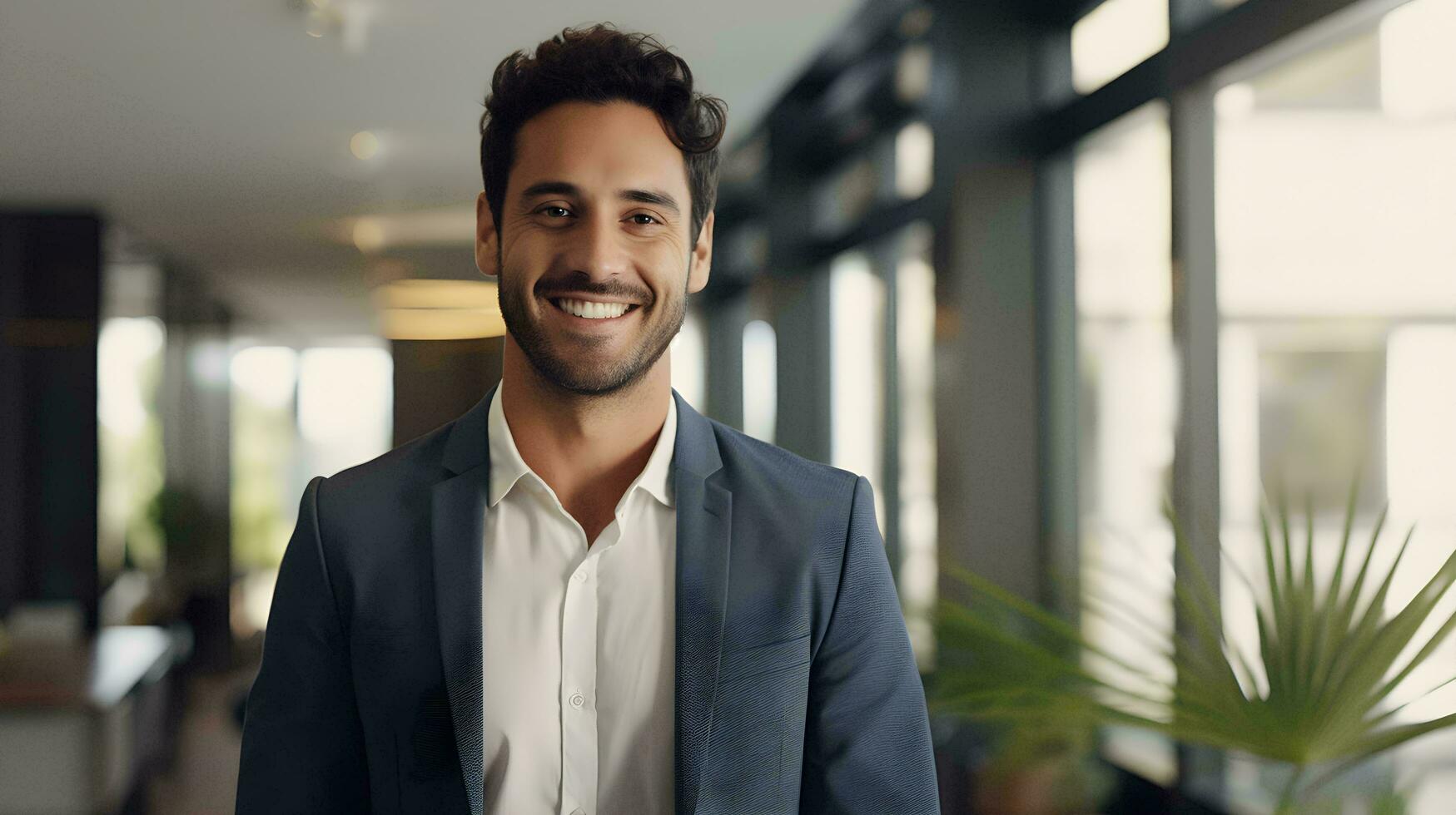 a man in a suit is smiling in an office ai generative photo