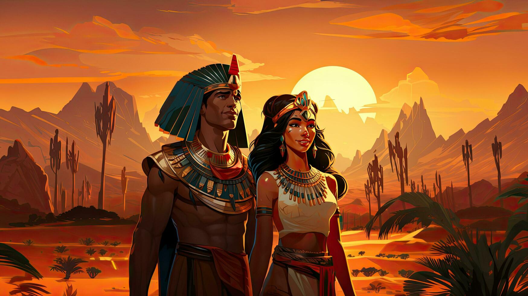 Ancient Egyptian couple in the desert at sunset - digital illustration. photo