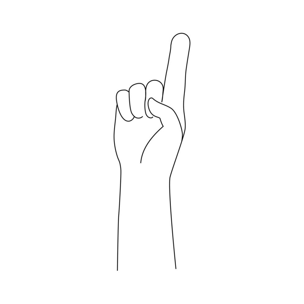 Isolated Hand one finger up gesture. Vector illustration black and white. Hand shows number one.