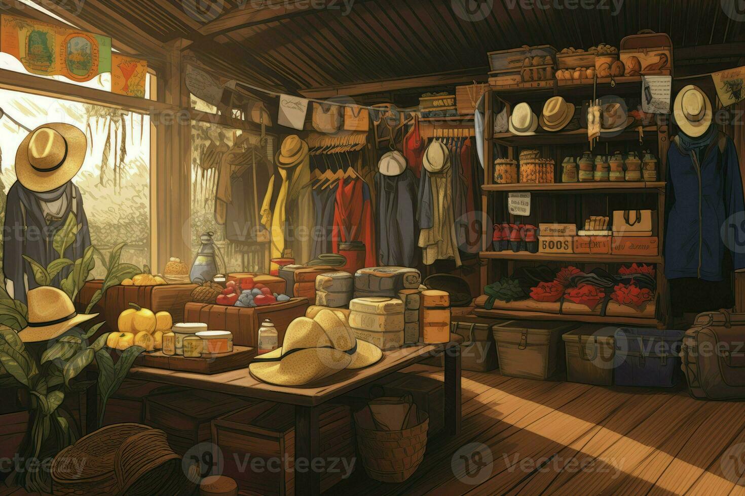 Souvenir street shop. Handicraft market. Pottery, bags, jewelry, hat, etc. Watercolor illustration, AI Generated photo