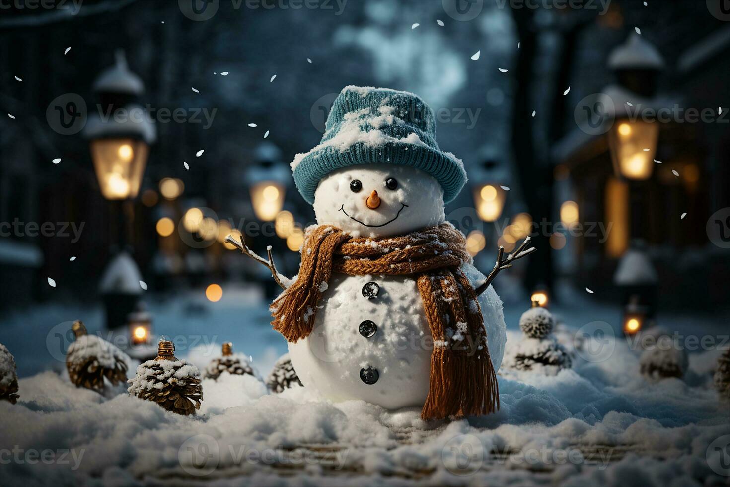 Snowman in Joyful Winter Wonderland with Snow-Covered Trees Background, Ideal for Holiday Greeting Cards and Seasonal Decorations, AI-generated photo