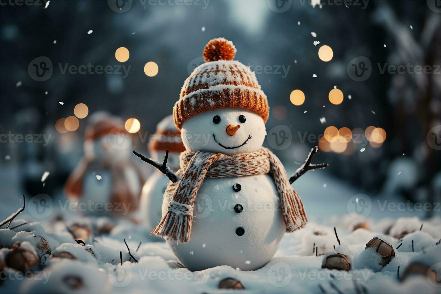 Snowman in Joyful Winter Wonderland with Snow-Covered Trees Background, Ideal for Holiday Greeting Cards and Seasonal Decorations, AI-generated photo
