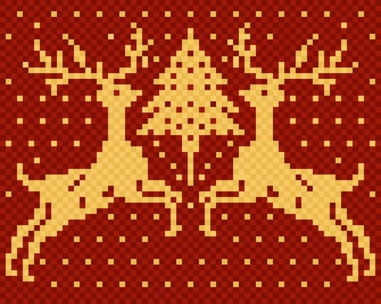 Christmas motif with deers and fir. Scandinavian knitted texture. Vector seamless pattern. Red and yellow colors