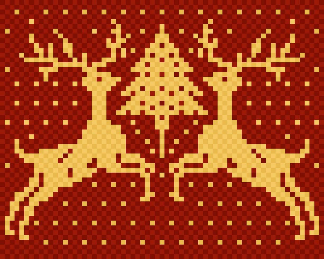 Christmas motif with deers and fir. Scandinavian knitted texture. Vector seamless pattern. Red and yellow colors