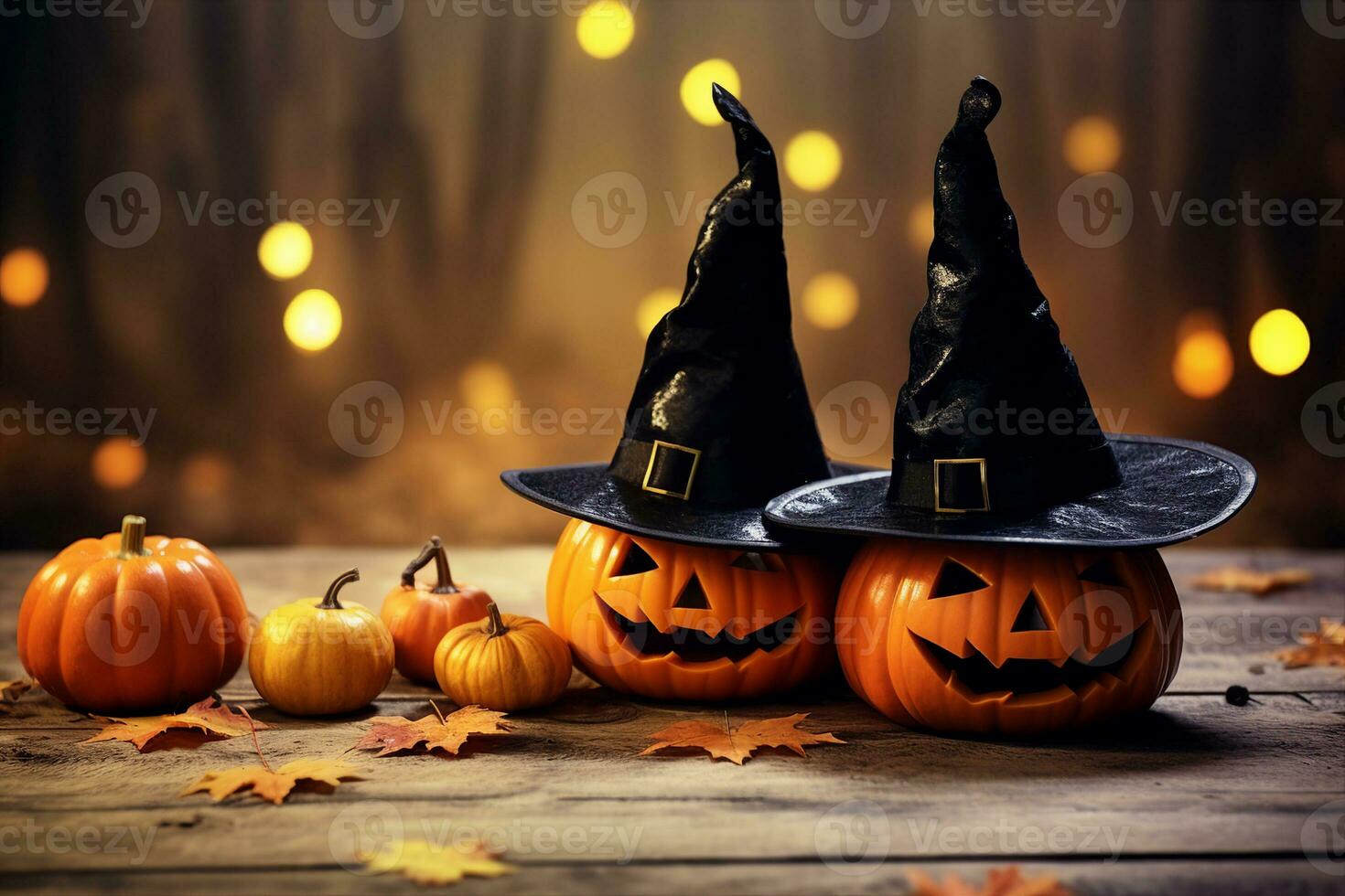 Spooky Holiday Decoration Witches Hats Adorn Pumpkin in Isolated Halloween Festive Scene, generative AI photo