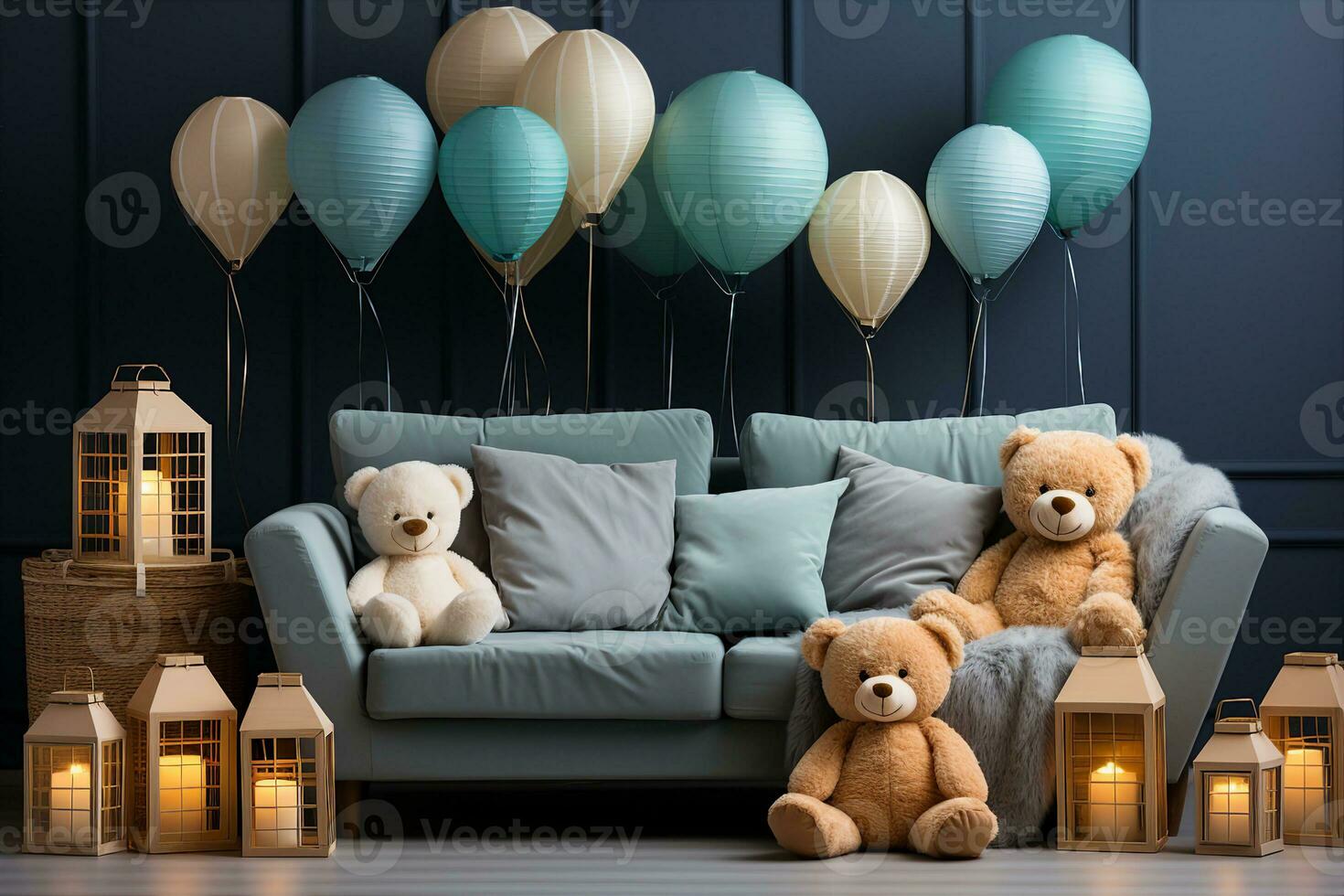 Baby Shower Interior Design with a Soft Blue Colors Tones Decorate with Toys for a Cozy Celebration photo