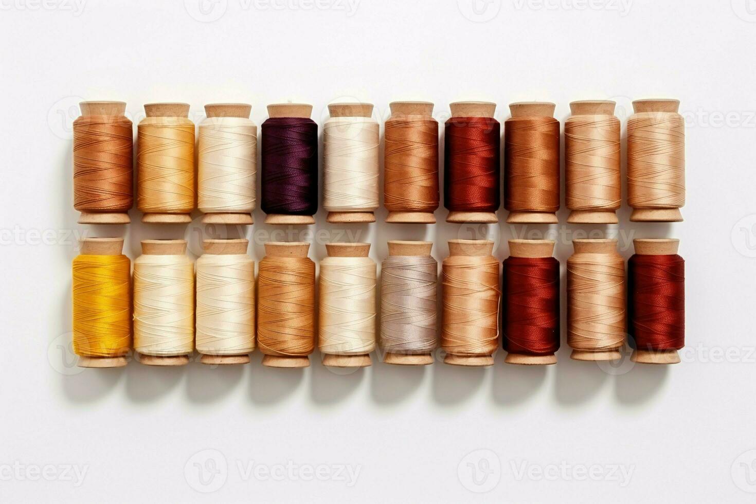 Colorful Thread Spools in Closeup Shot, Showcasing Multi-Color Bobbins on White Background, AI-Generated photo
