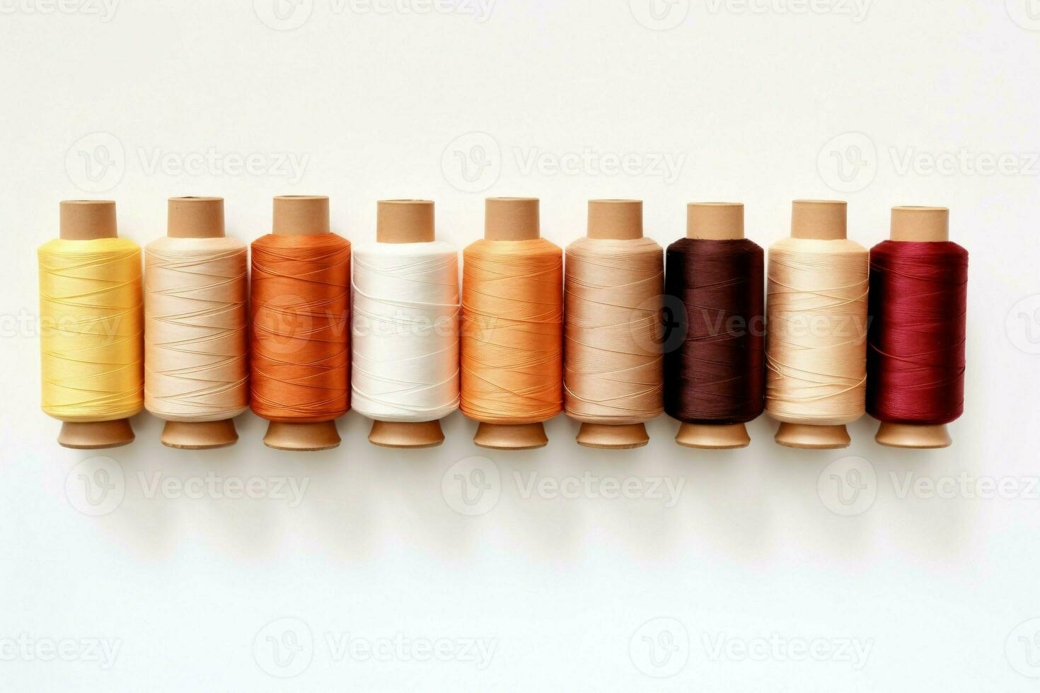 Colorful Thread Spools in Closeup Shot, Showcasing Multi-Color Bobbins on White Background, AI-Generated photo