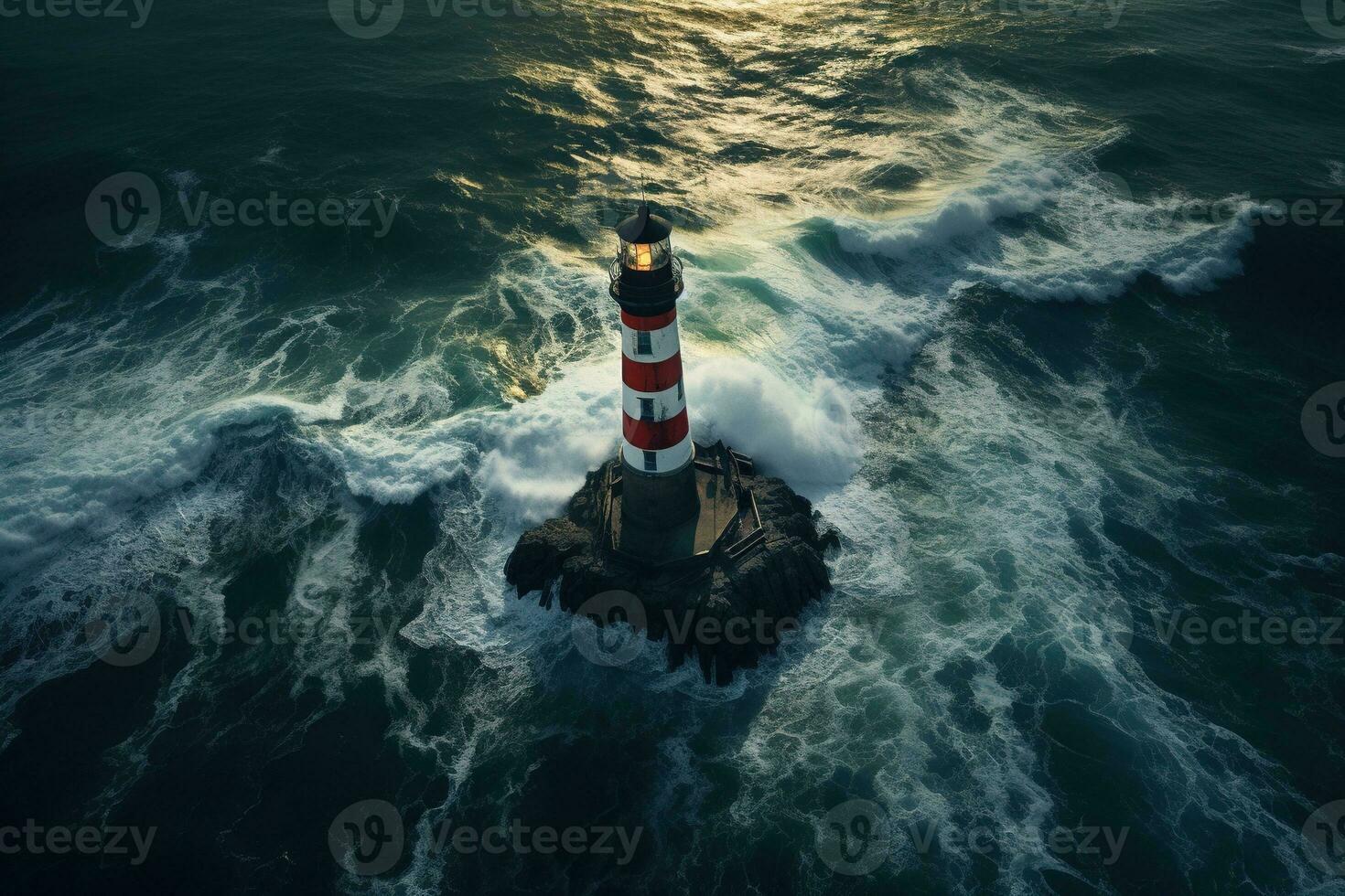 A lighthouse on an island in the middle of a rough sea. Lighthouse and waves. Symbol of hope, waiting. photo