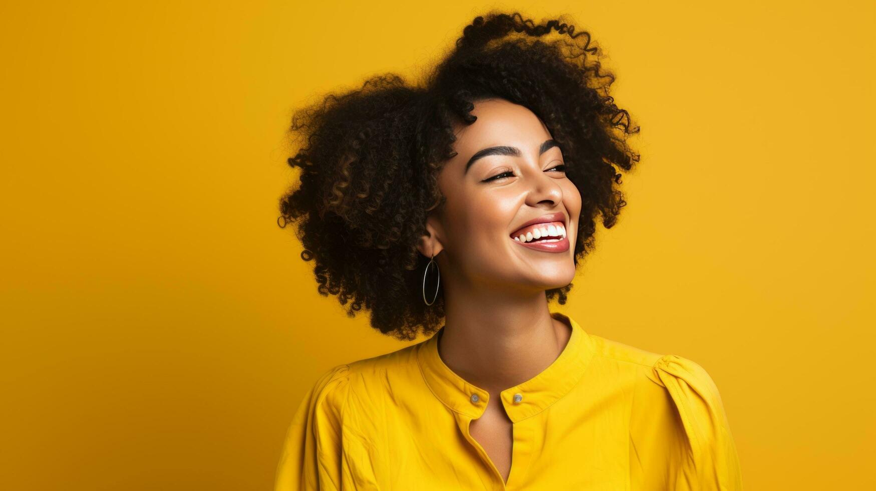 ai generative a smiling woman with curly hair and a yellow background photo