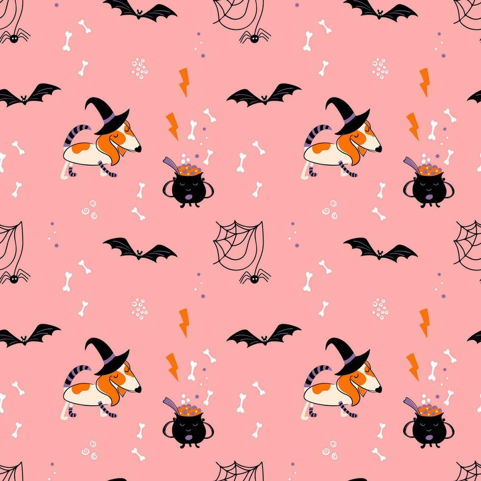 Halloween seamless pattern. Cute background with puppy in a witch costume. Magical dog pawty. Flat style vector illustration.