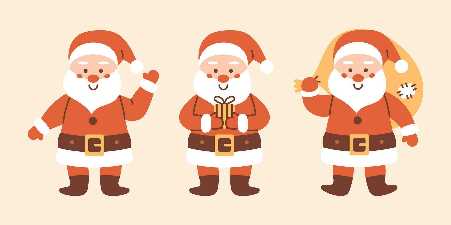 Vector set of smiling Santa Claus characters. Christmas and New Year collection. Funny cartoon character in red hat.