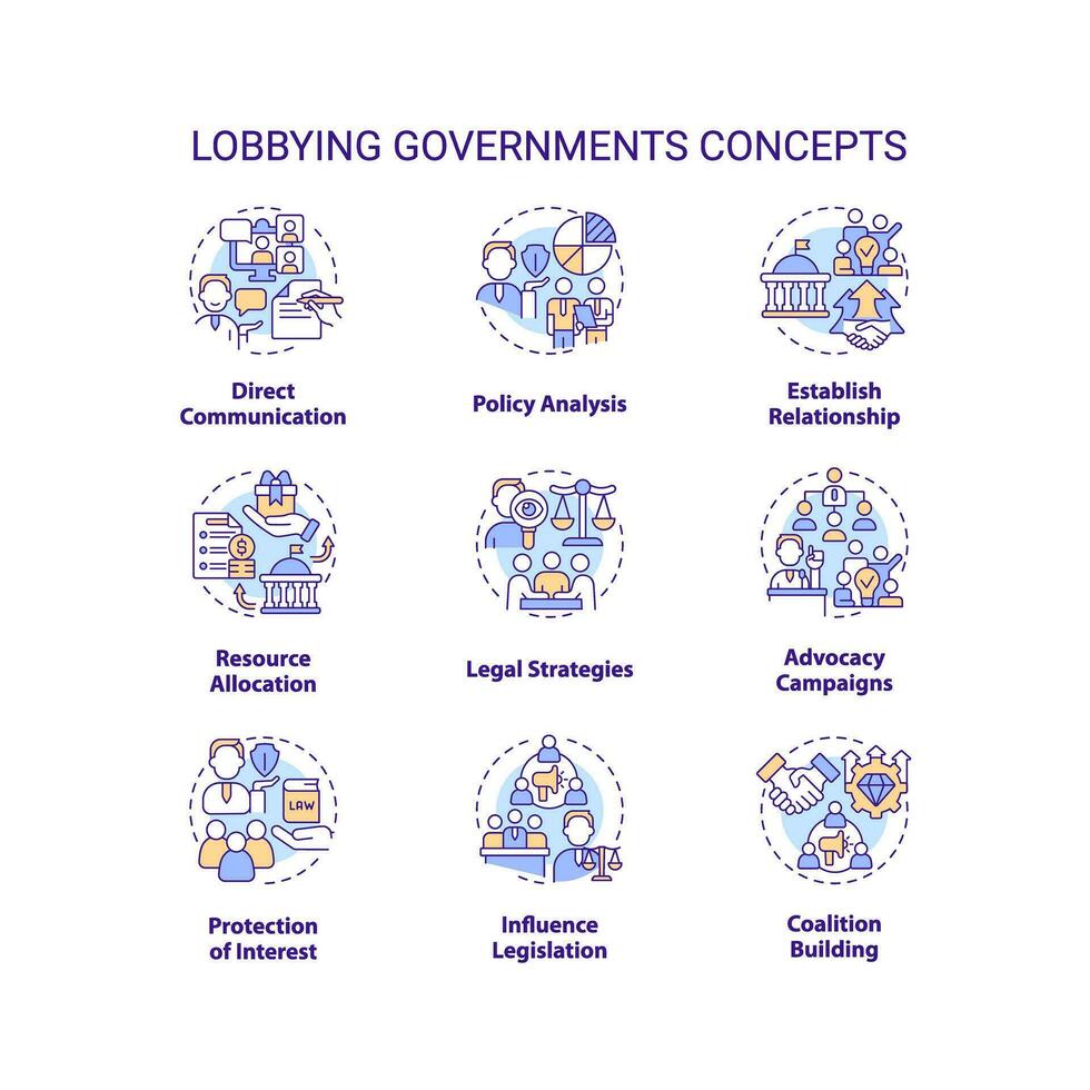 Editable icons set representing lobbying government concepts, isolated vector, thin line colorful illustration. vector