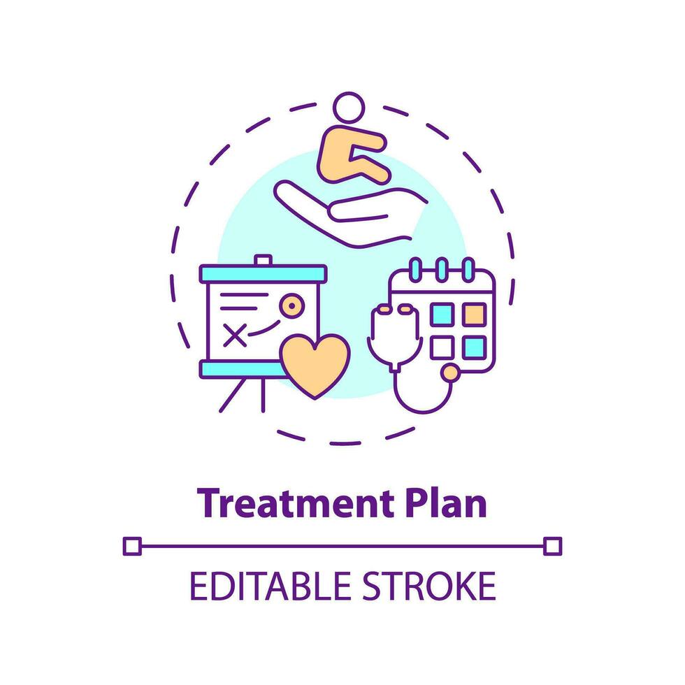 Treatment plan concept icon. Course of action. Medical intervention. Disease management. Pediatric patient abstract idea thin line illustration. Isolated outline drawing. Editable stroke vector