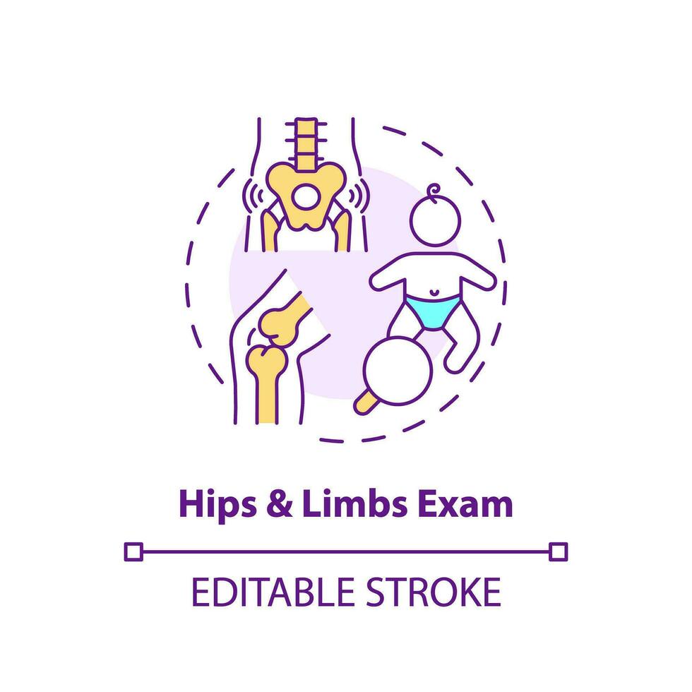 Hip and limb exam concept icon. Musculoskeletal system. Health service. Child development. Medical clinic. Joint health abstract idea thin line illustration. Isolated outline drawing. Editable stroke vector