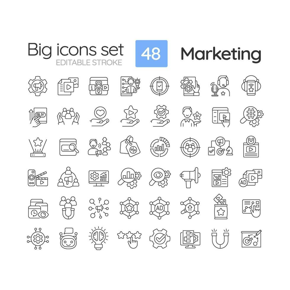 Marketing linear icons set. Business strategy. Brand development. Advertising campaign. Sales growth. Customizable thin line symbols. Isolated vector outline illustrations. Editable stroke