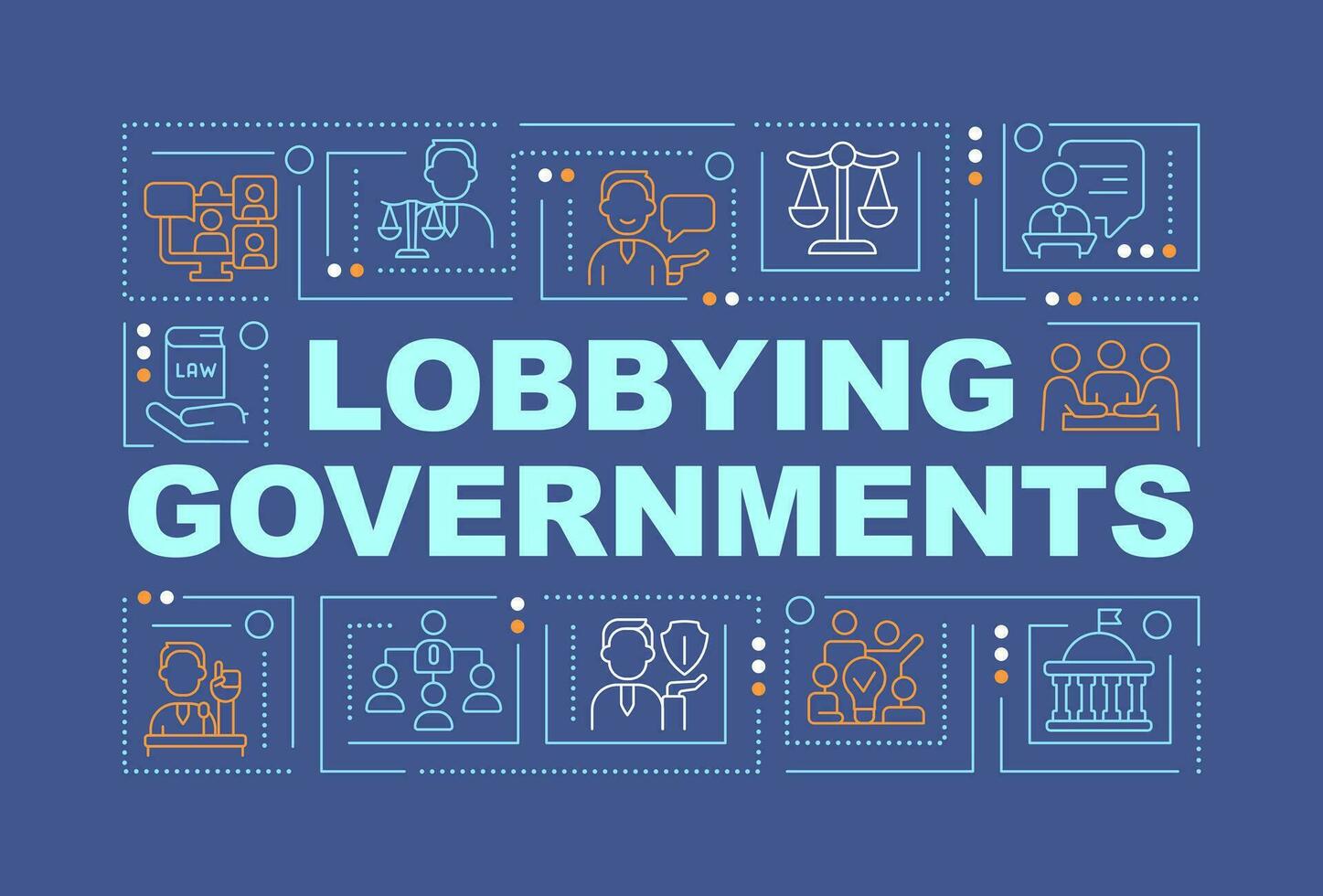 Lobbying government text with various thin line icons on dark monochromatic background, 2D vector illustration.