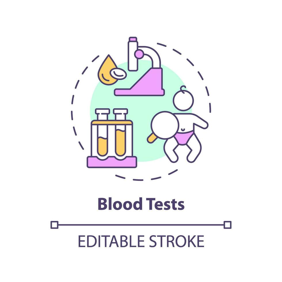 Blood tests concept icon. Overall health. Laboratory research. Child healthcare. Pediatric patient. Diagnostic center abstract idea thin line illustration. Isolated outline drawing. Editable stroke vector