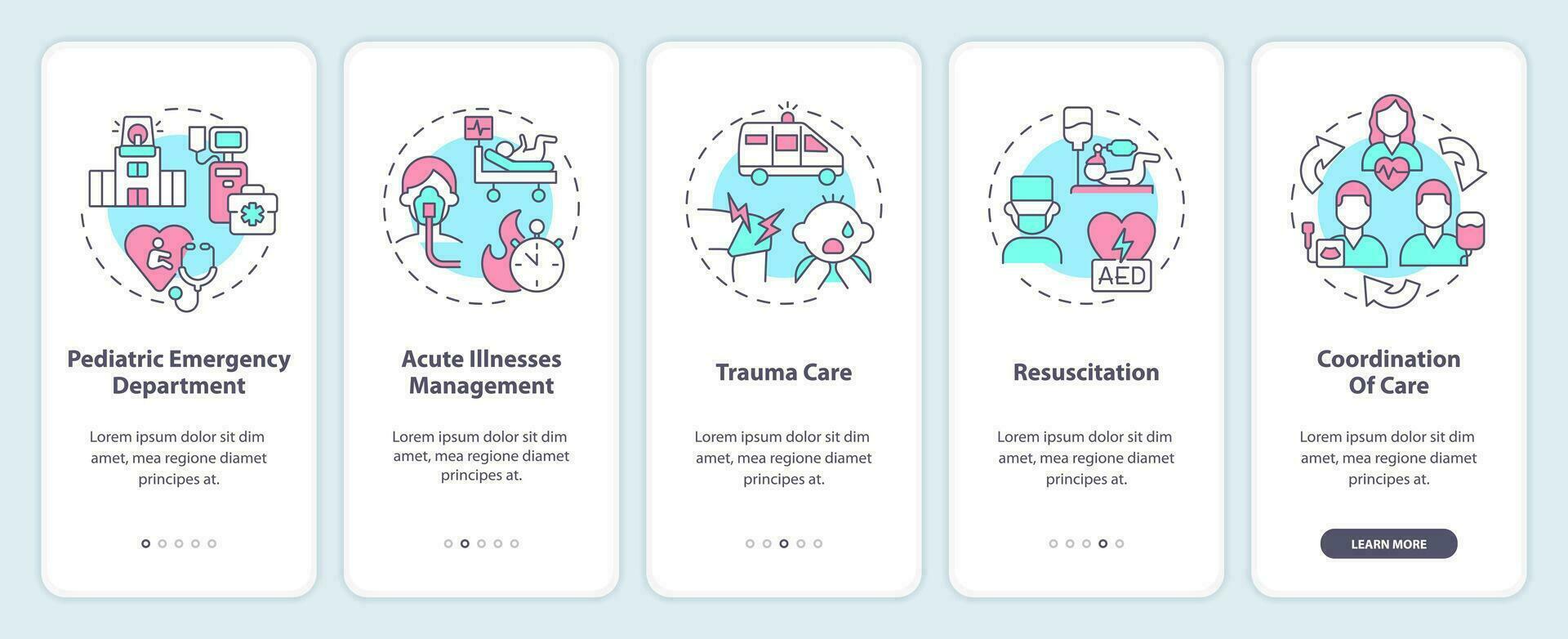 Pediatric emergency onboarding mobile app screen. Urgent care walkthrough 5 steps editable graphic instructions with linear concepts. UI, UX, GUI template vector