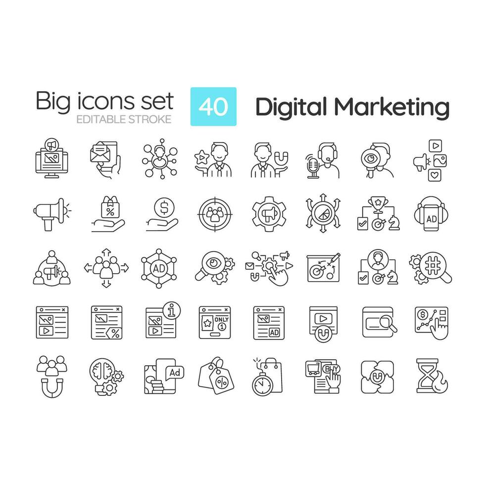 Digital marketing linear icons set. Social media. Online advertising. Brand strategy. Search engine optimization. Customizable thin line symbols. Isolated vector outline illustrations. Editable stroke