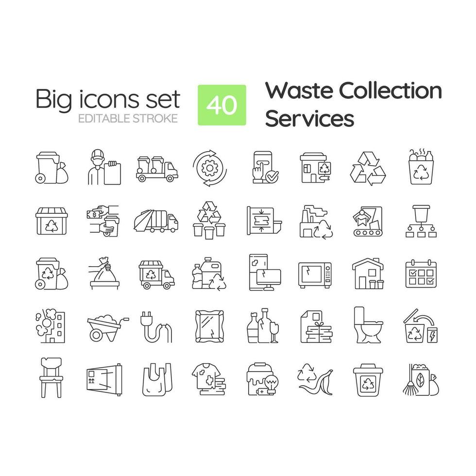 Waste collection services linear icons set. Trash removal. Garbage ...