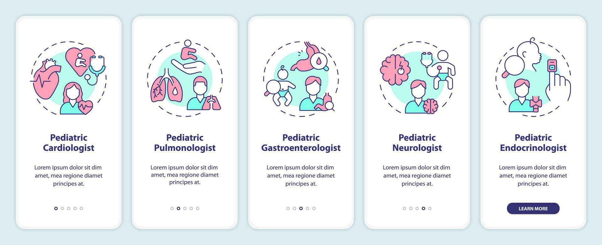 Pediatric subspecialists onboarding mobile app screen. Medical care walkthrough 5 steps editable graphic instructions with linear concepts. UI, UX, GUI template vector