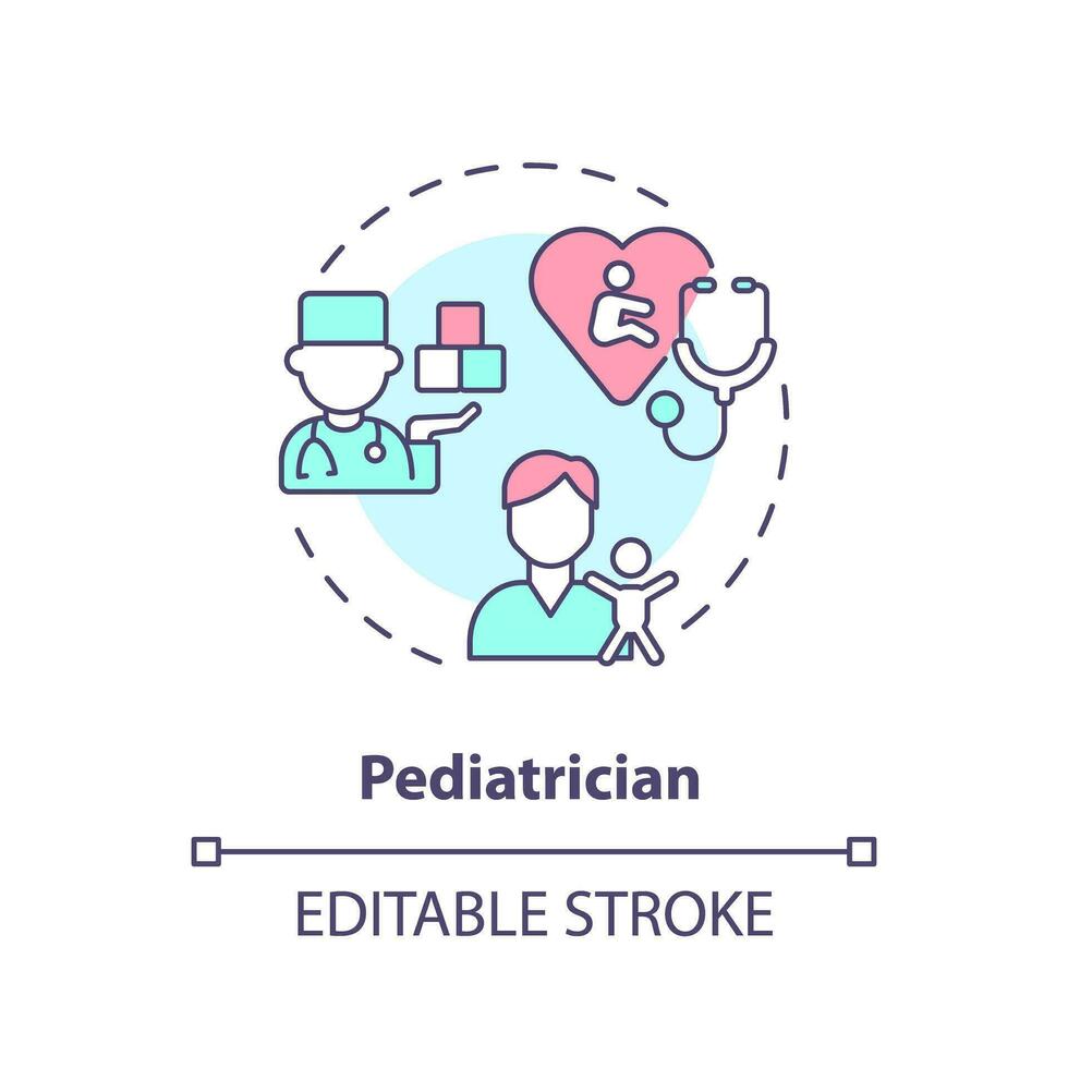 Pediatrician concept icon. Primary care physician. Child doctor. Children health. Medical specialist. Pediatric clinic abstract idea thin line illustration. Isolated outline drawing. Editable stroke vector