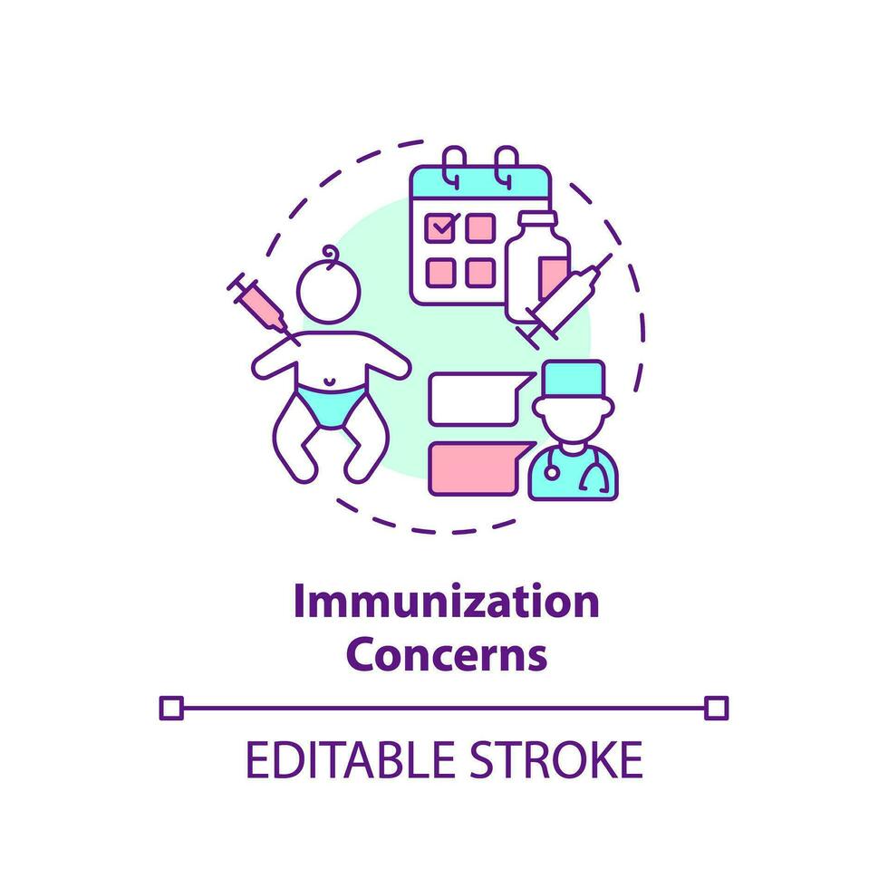 Immunization concerns concept icon. Kids vaccination. Disease prevention. Infant care. Medical procedure. Vaccine safety abstract idea thin line illustration. Isolated outline drawing. Editable stroke vector