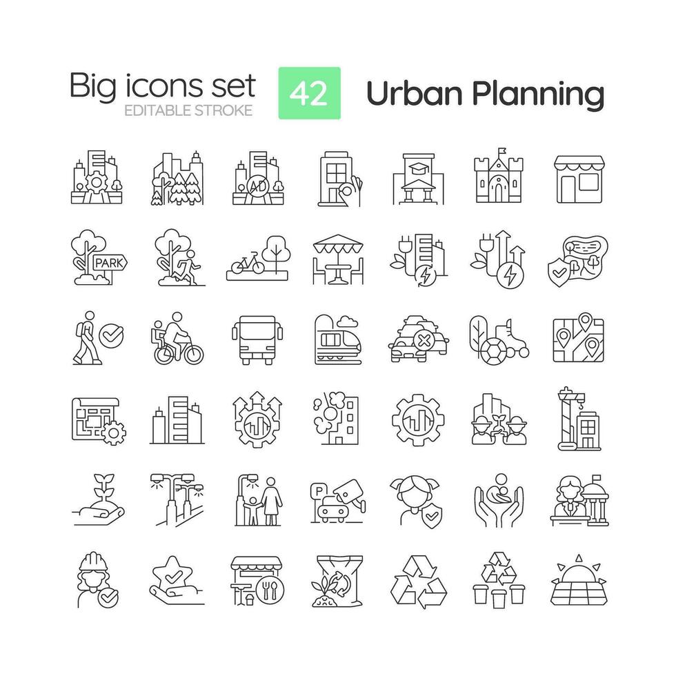 Urban planning linear icons set. City growth. Infrastructure development. Transportation network. Customizable thin line symbols. Isolated vector outline illustrations. Editable stroke