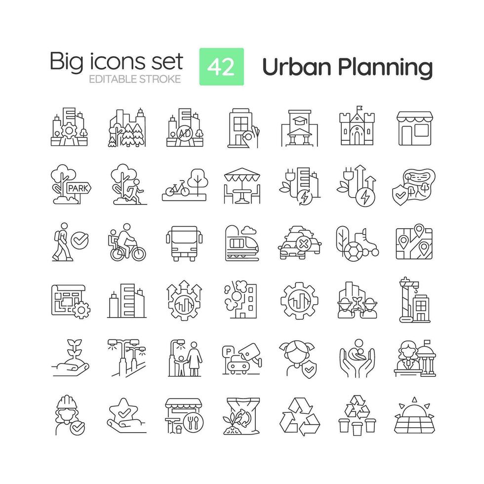 Urban planning linear icons set. City growth. Infrastructure development. Transportation network. Customizable thin line symbols. Isolated vector outline illustrations. Editable stroke
