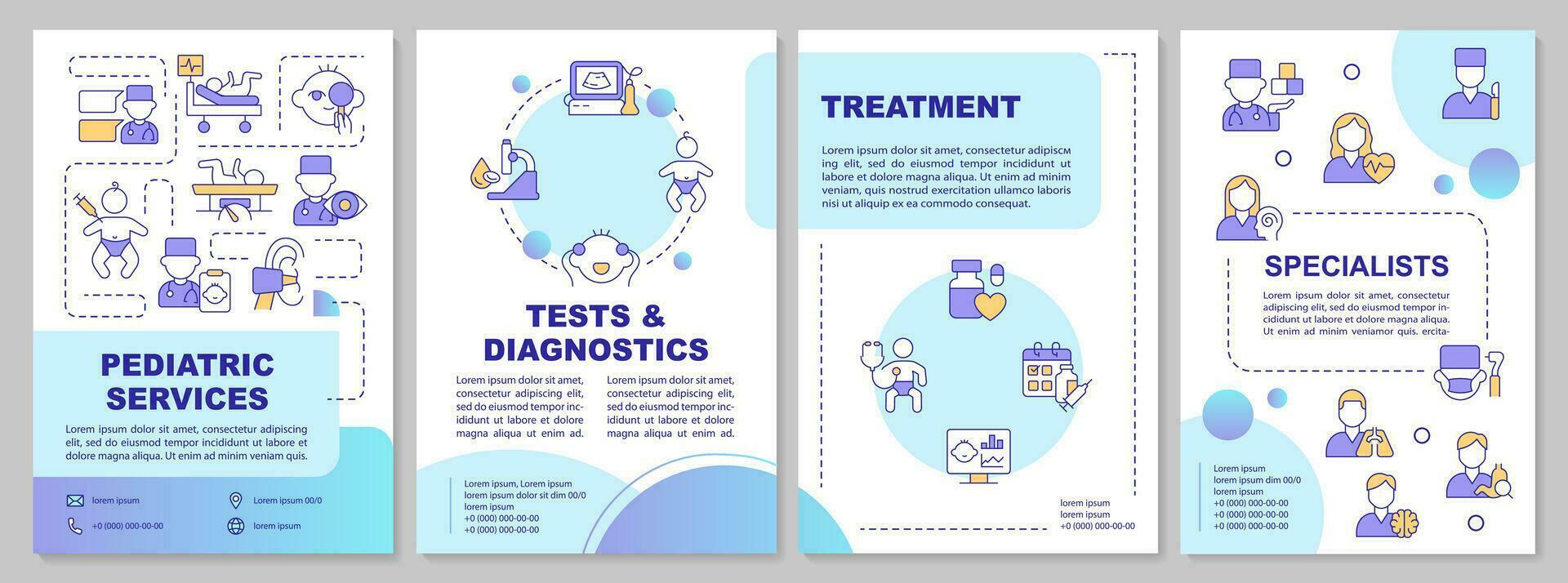 Pediatric services blue gradient brochure template. Child clinic. Leaflet design with linear icons. Editable 4 vector layouts for presentation, reports