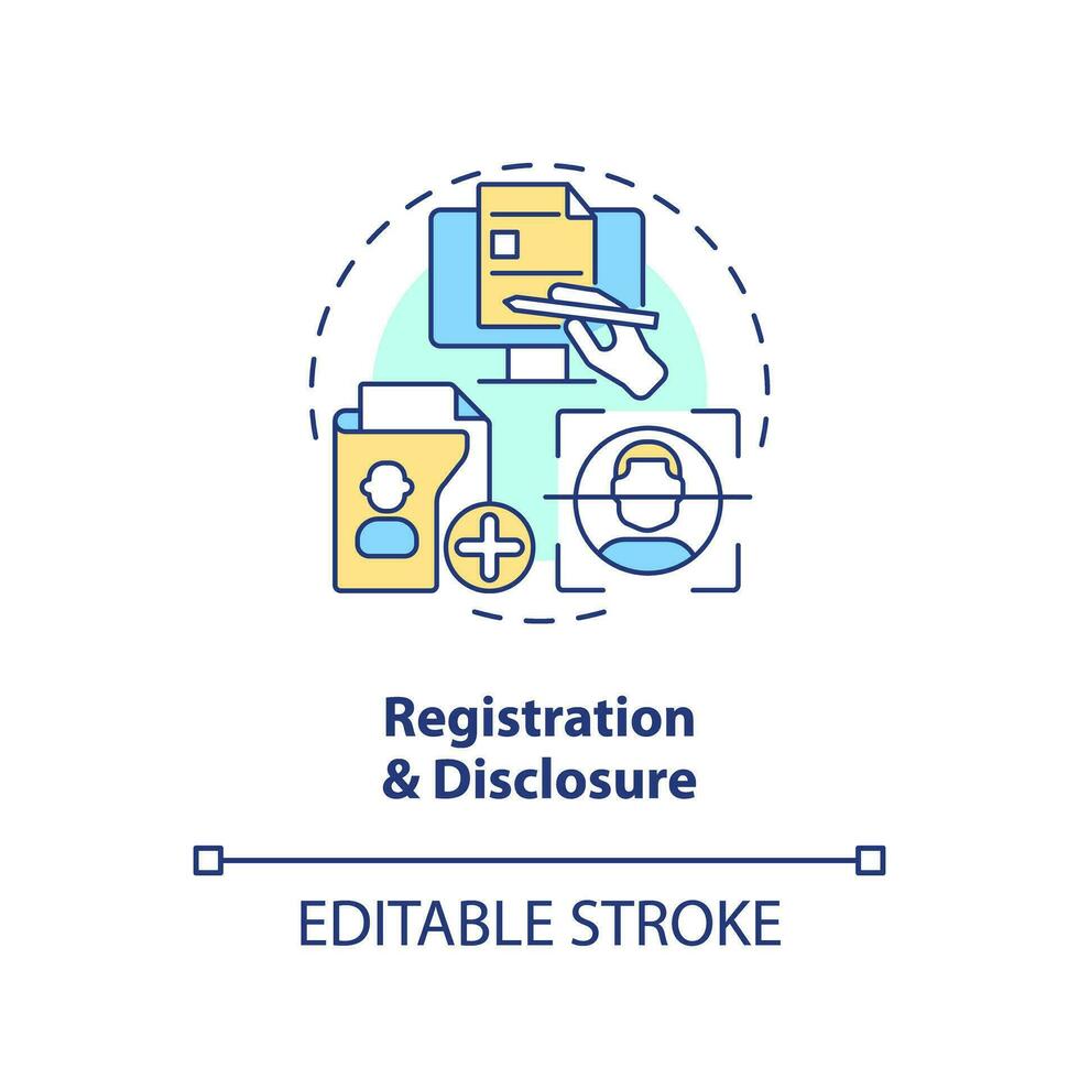 Editable registration and disclosure icon concept, isolated vector, lobbying government thin line illustration. vector