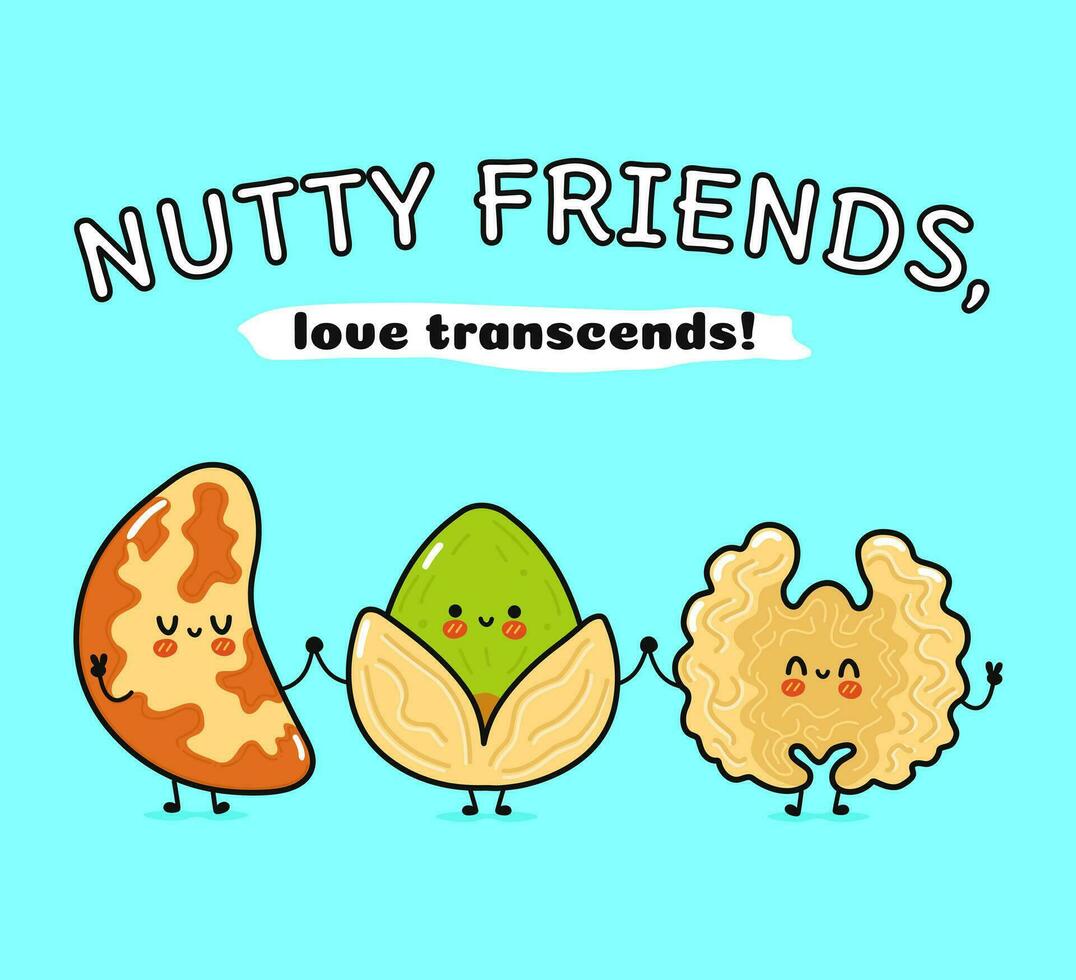 Cute, funny happy Brazilian nut, Pistachio and Walnut nut vector