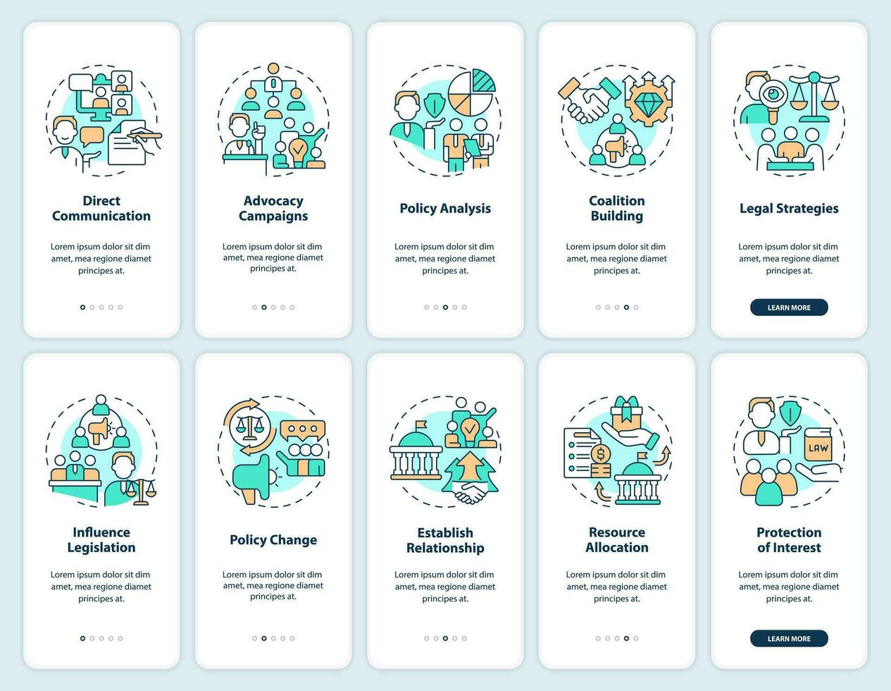 2D icons representing lobbying government mobile app screen set. Walkthrough 5 steps colorful graphic instructions with thin line icons concept, UI, UX, GUI template. vector